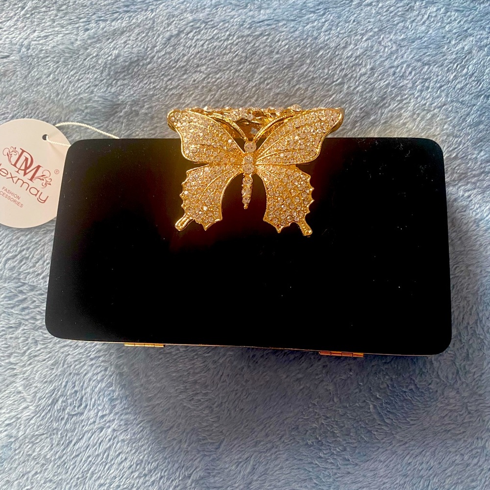 DM Dexmay Fancy Evening bag. New in box. Black with rhinestone butterfly clasp.